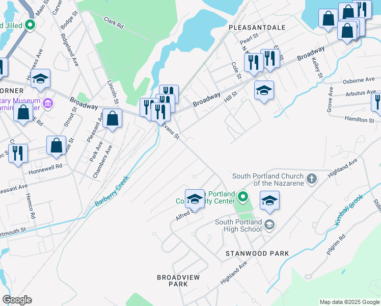 map of restaurants, bars, coffee shops, grocery stores, and more near 83 Evans Street in South Portland