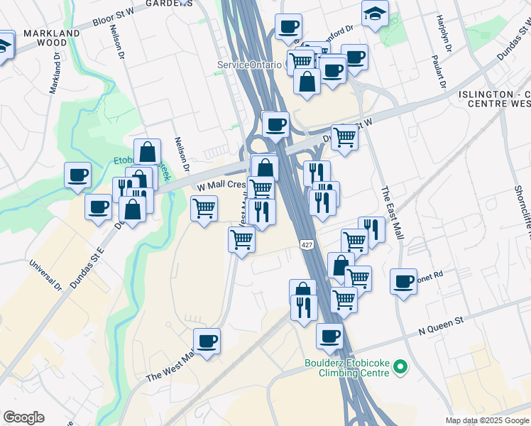 map of restaurants, bars, coffee shops, grocery stores, and more near in Toronto