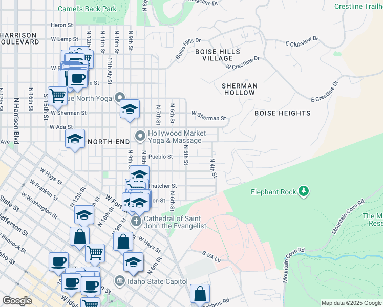 map of restaurants, bars, coffee shops, grocery stores, and more near 428 Pueblo Street in Boise