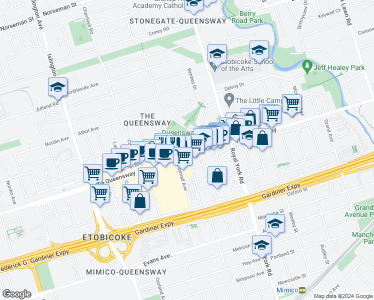 map of restaurants, bars, coffee shops, grocery stores, and more near 4 Smith Crescent in Toronto