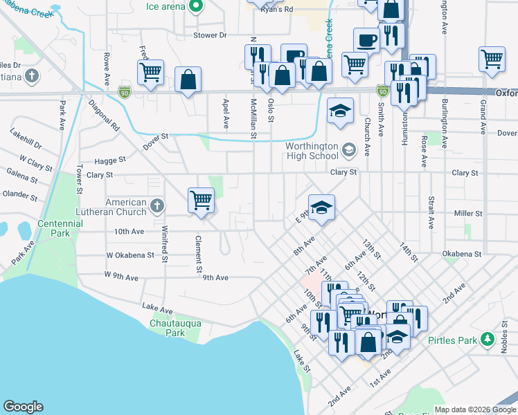 map of restaurants, bars, coffee shops, grocery stores, and more near 912 McMillan Street in Worthington