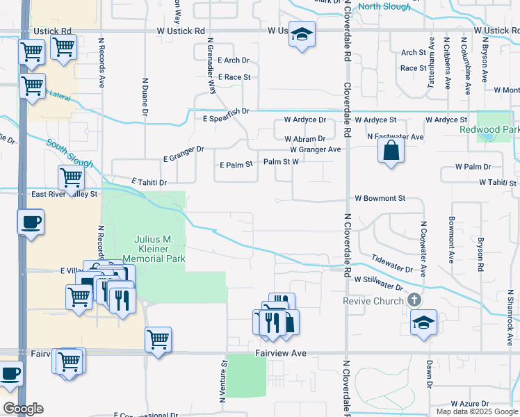 map of restaurants, bars, coffee shops, grocery stores, and more near 2300 North Sharon Drive in Meridian
