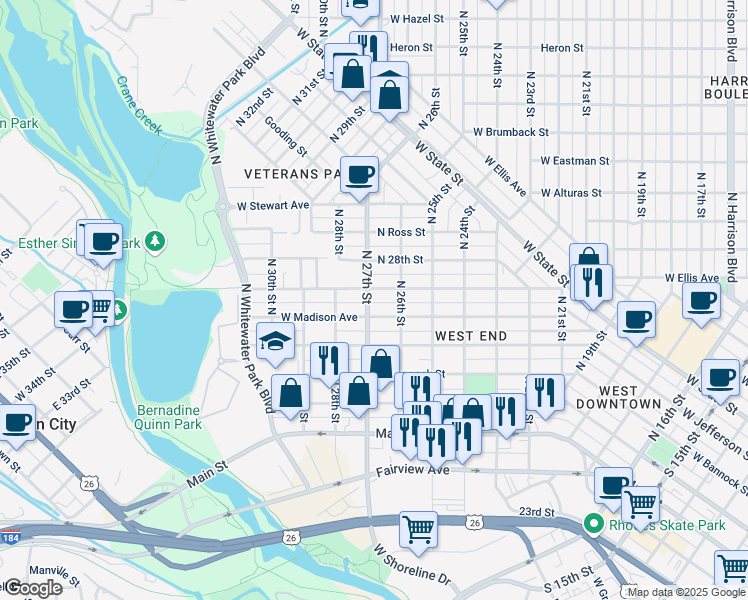 map of restaurants, bars, coffee shops, grocery stores, and more near 2607 West Pleasanton Avenue in Boise