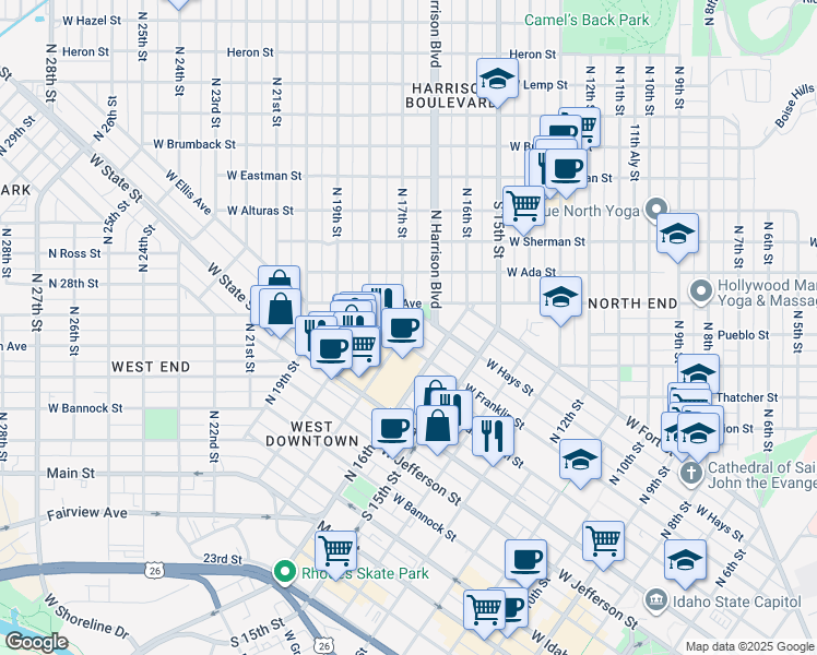 map of restaurants, bars, coffee shops, grocery stores, and more near 711 North 17th Street in Boise