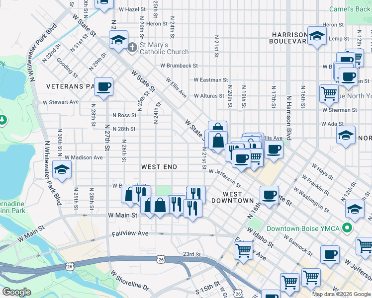 map of restaurants, bars, coffee shops, grocery stores, and more near 517 North 22nd Street in Boise