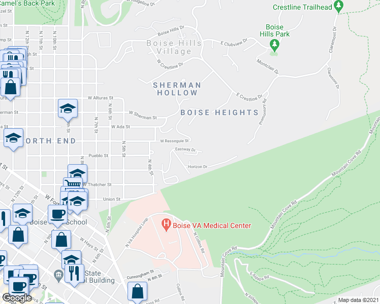 map of restaurants, bars, coffee shops, grocery stores, and more near 108 Rainier Lane in Boise