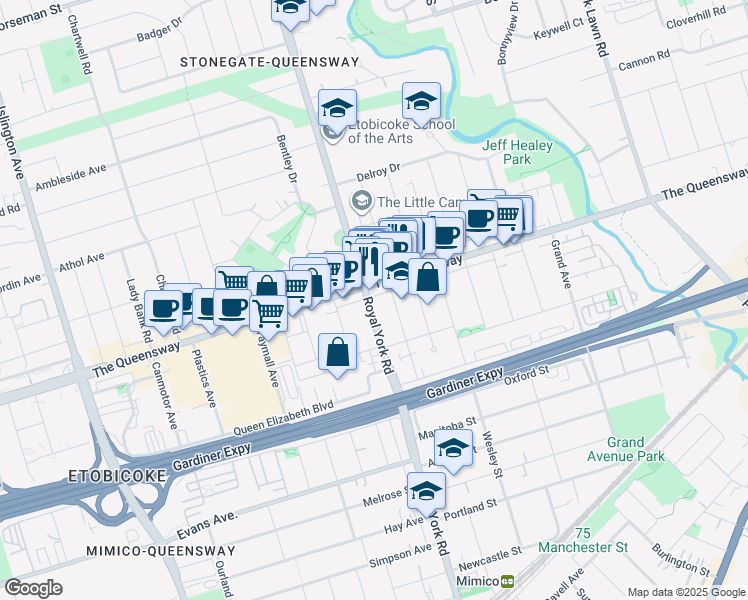 map of restaurants, bars, coffee shops, grocery stores, and more near 555 Royal York Road in Toronto