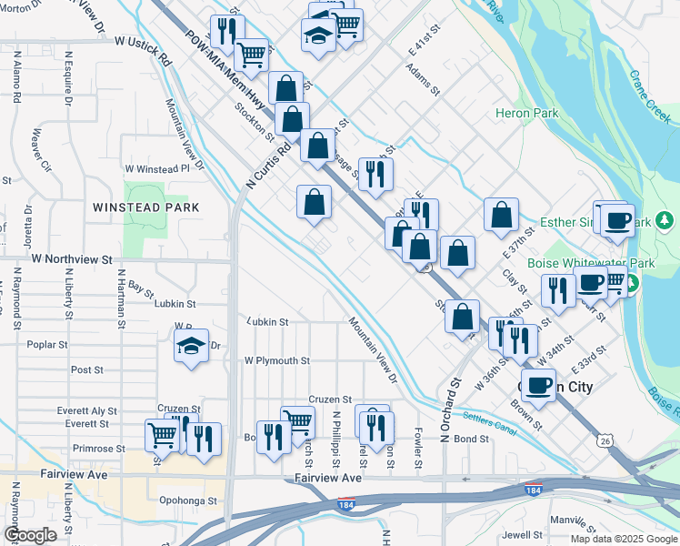 map of restaurants, bars, coffee shops, grocery stores, and more near 214 West 39th Street in Garden City
