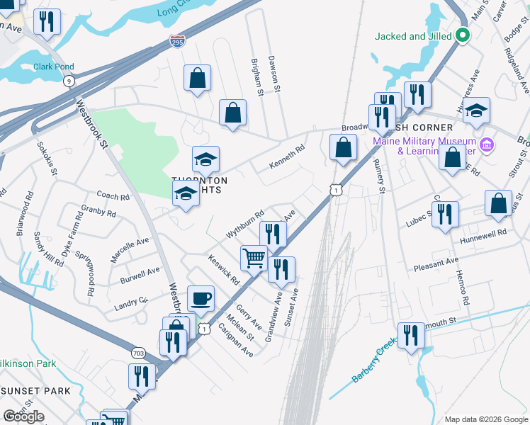 map of restaurants, bars, coffee shops, grocery stores, and more near 102 Wythburn Road in South Portland