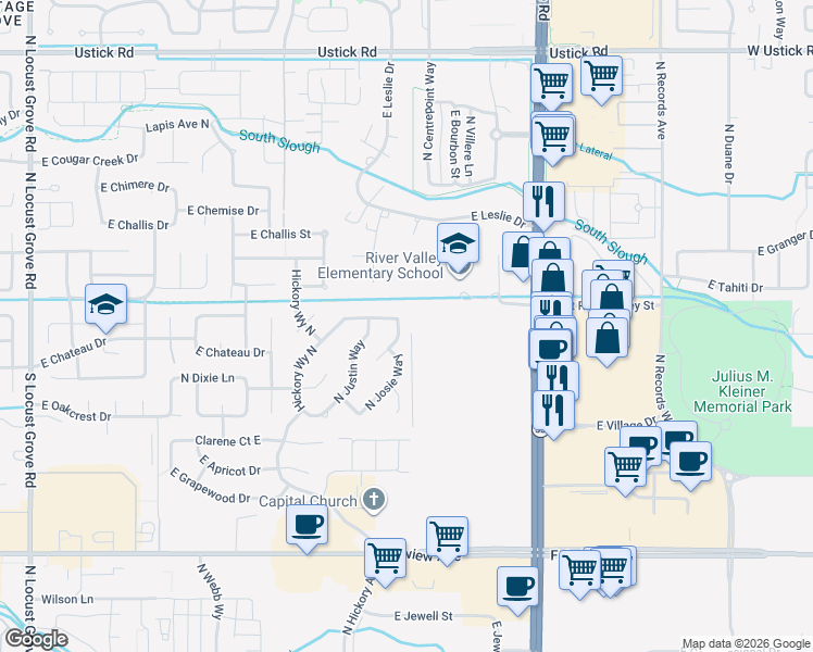 map of restaurants, bars, coffee shops, grocery stores, and more near 2318 North Chandra Way in Meridian