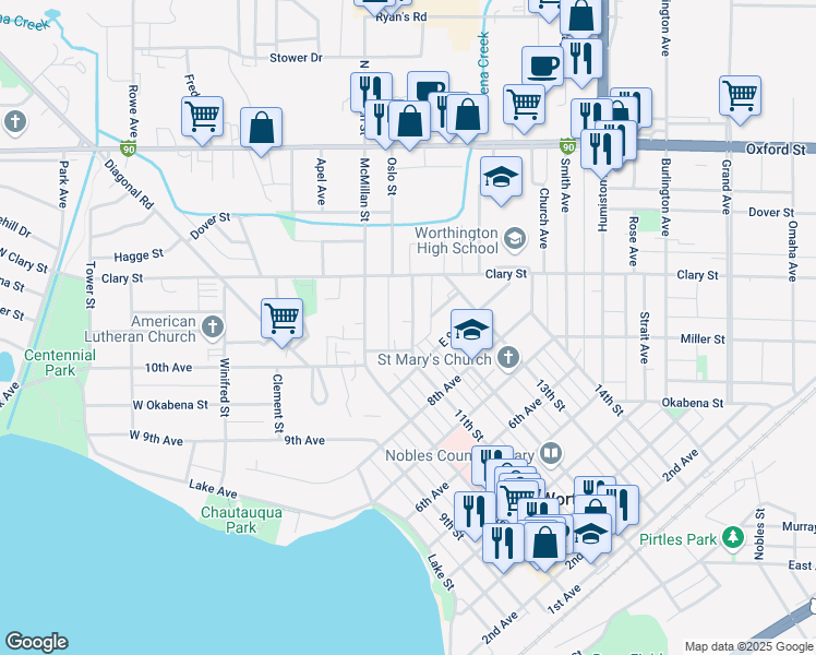 map of restaurants, bars, coffee shops, grocery stores, and more near 923 11th Street in Worthington