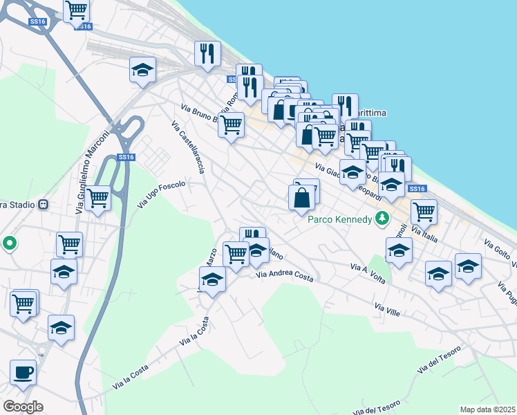 map of restaurants, bars, coffee shops, grocery stores, and more near 529 Via Giacomo Matteotti in Falconara Marittima