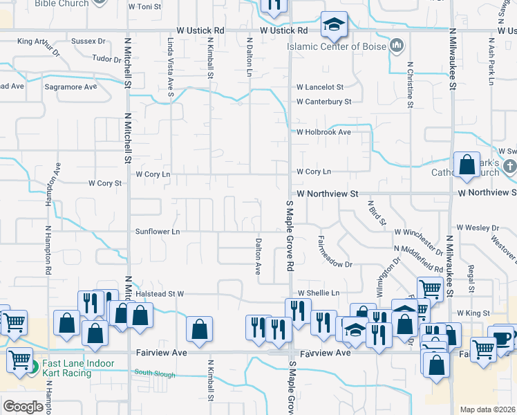 map of restaurants, bars, coffee shops, grocery stores, and more near 2307 North Dalton Lane in Boise