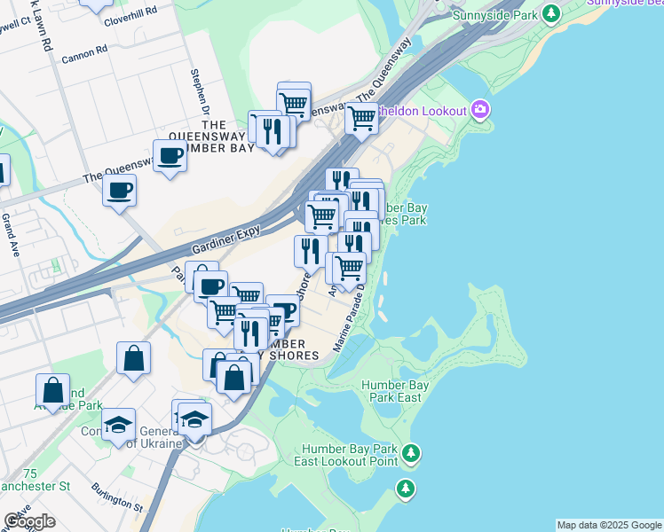map of restaurants, bars, coffee shops, grocery stores, and more near 2143 Lake Shore Boulevard West in Toronto