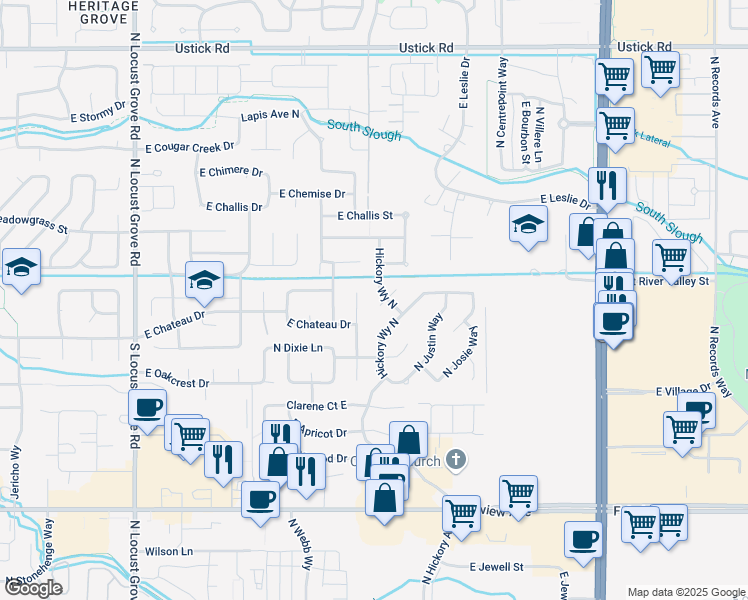 map of restaurants, bars, coffee shops, grocery stores, and more near 2436 East Nikki Court in Meridian