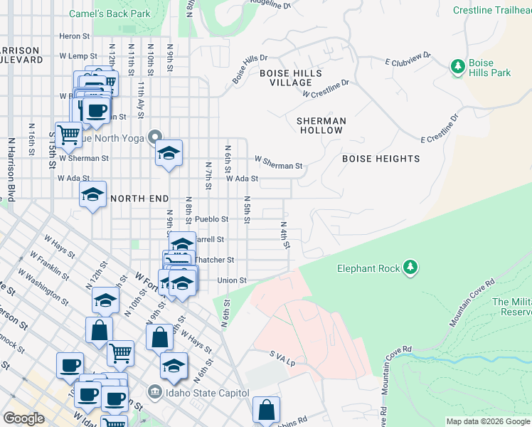 map of restaurants, bars, coffee shops, grocery stores, and more near 414 Pueblo Street in Boise