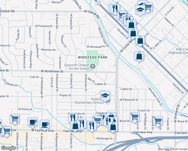map of restaurants, bars, coffee shops, grocery stores, and more near 6025 Chestnut Drive in Boise