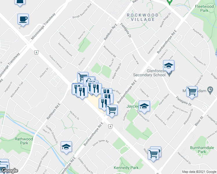 map of restaurants, bars, coffee shops, grocery stores, and more near 1503 Maple Ridge Drive in Mississauga