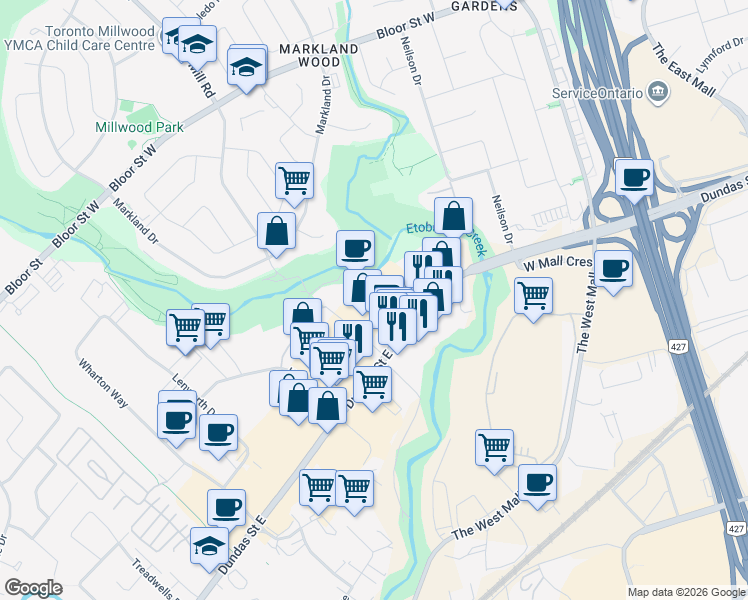 map of restaurants, bars, coffee shops, grocery stores, and more near 3045 Southcreek Road in Mississauga