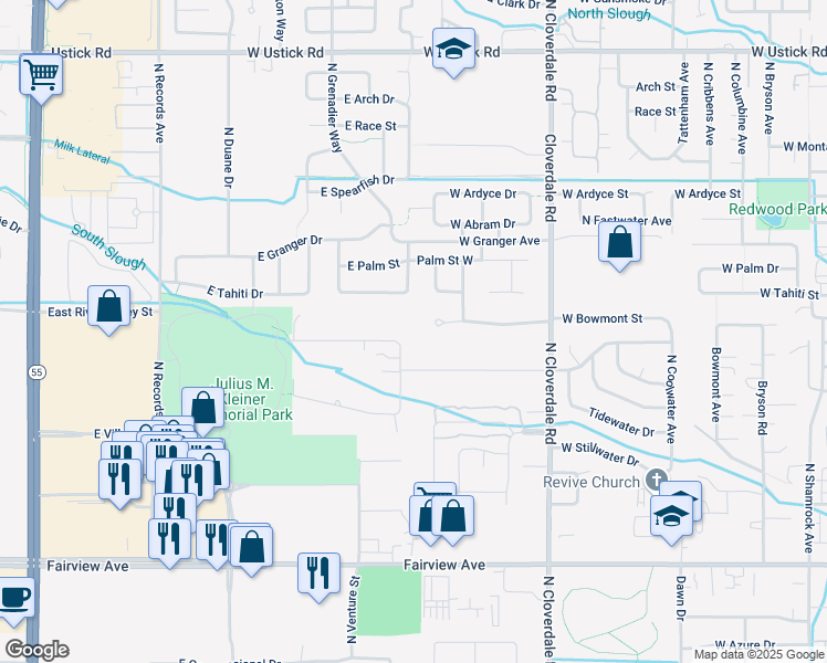 map of restaurants, bars, coffee shops, grocery stores, and more near 2300 North Sharon Drive in Meridian