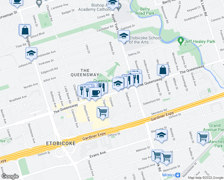 map of restaurants, bars, coffee shops, grocery stores, and more near 4 Smith Crescent in Toronto