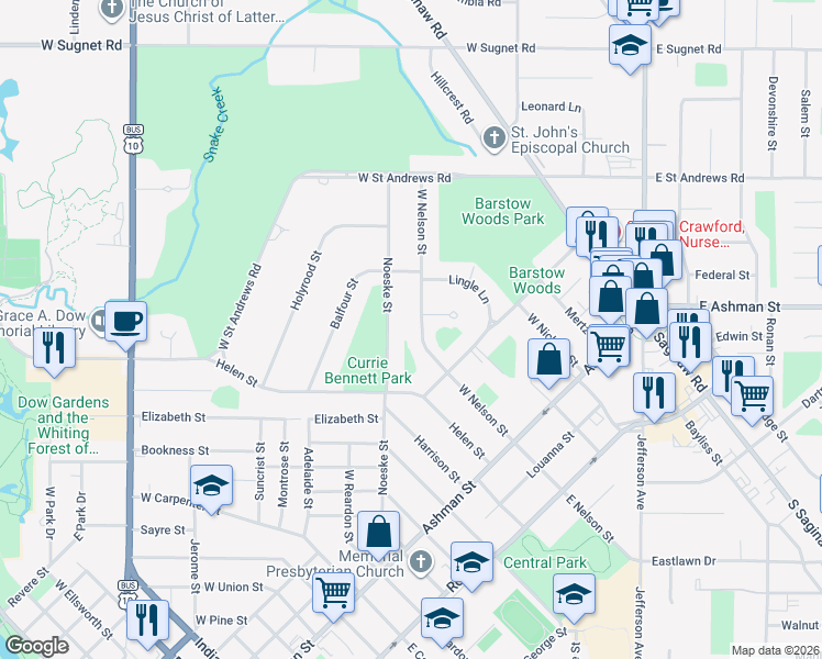 map of restaurants, bars, coffee shops, grocery stores, and more near 2008 West Nelson Street in Midland