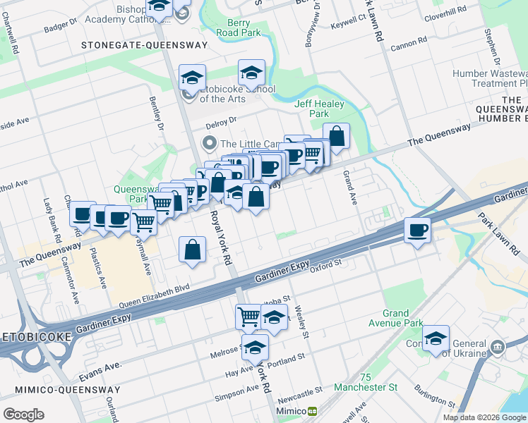 map of restaurants, bars, coffee shops, grocery stores, and more near 132 Wesley Street in Toronto