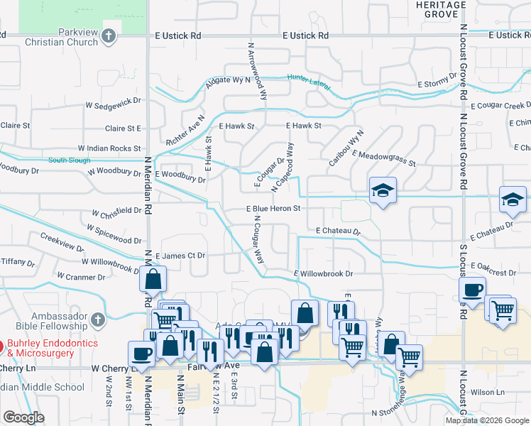 map of restaurants, bars, coffee shops, grocery stores, and more near 587 East Blue Heron Street in Meridian