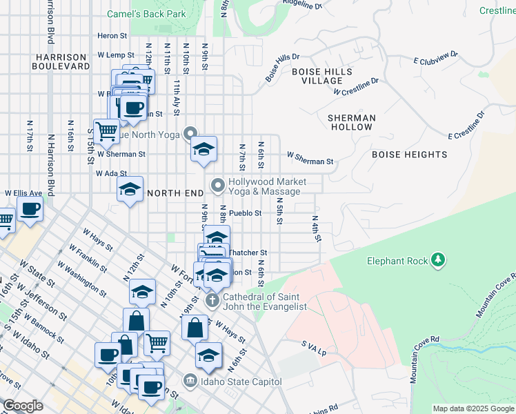 map of restaurants, bars, coffee shops, grocery stores, and more near 1310 North 7th Street in Boise