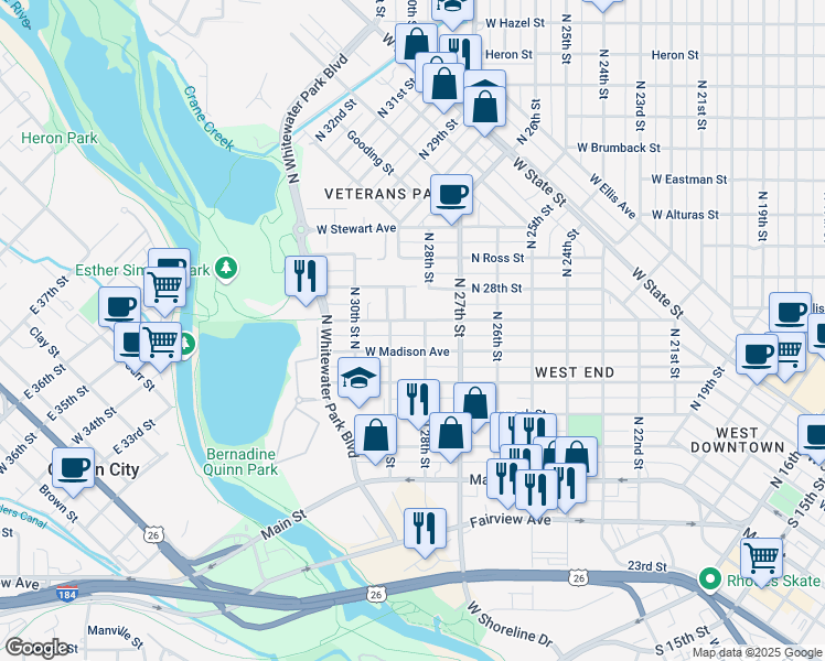 map of restaurants, bars, coffee shops, grocery stores, and more near 2815 West Pleasanton Avenue in Boise