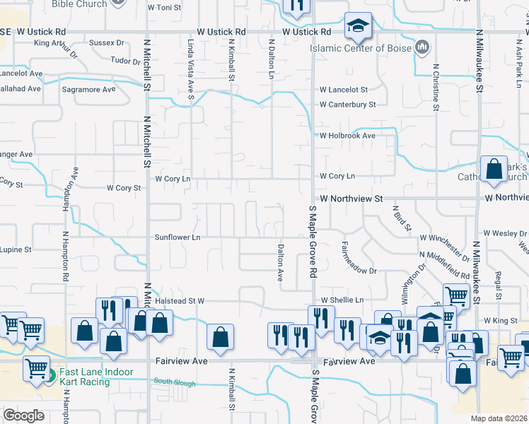 map of restaurants, bars, coffee shops, grocery stores, and more near 2307 North Dalton Lane in Boise