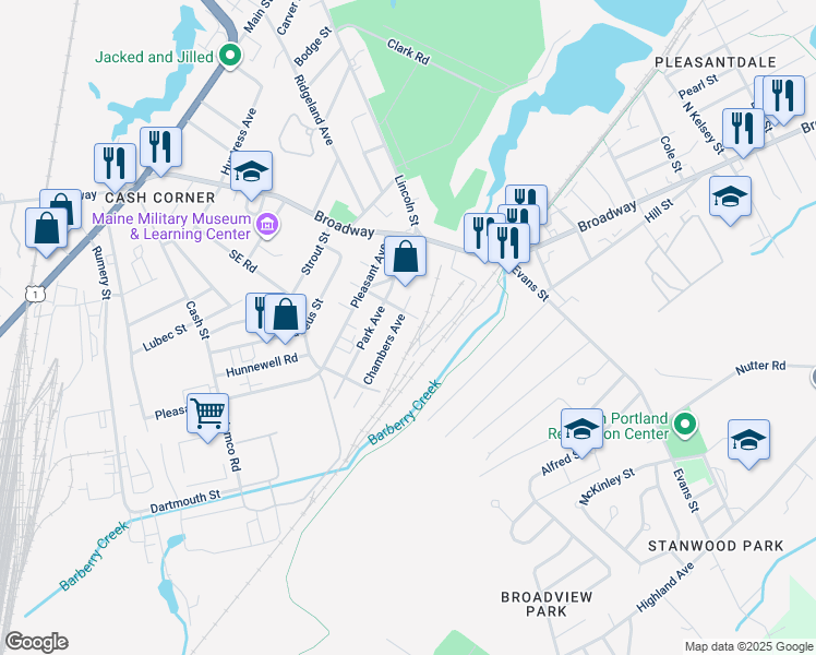 map of restaurants, bars, coffee shops, grocery stores, and more near 51 Bowdoin Avenue in South Portland