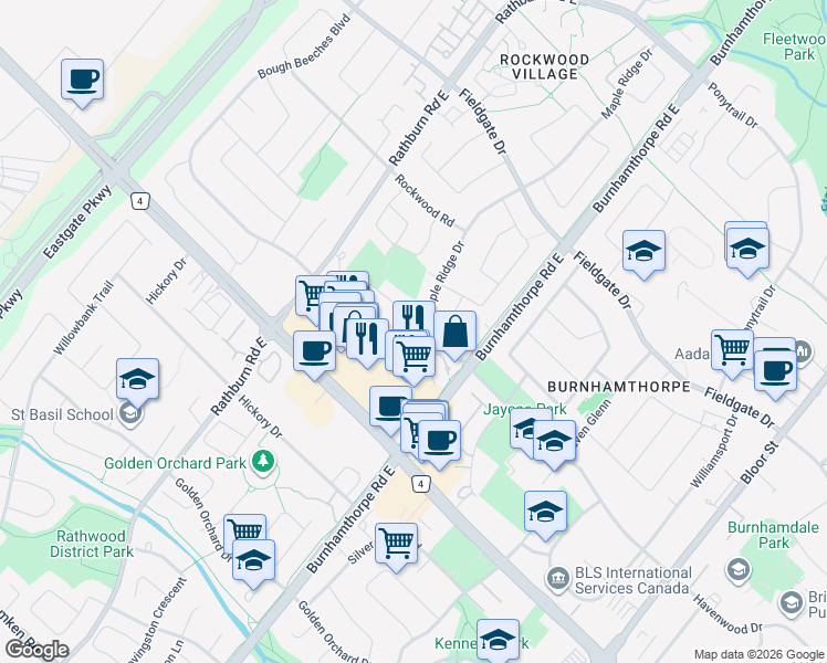 map of restaurants, bars, coffee shops, grocery stores, and more near 1503 Maple Ridge Drive in Mississauga
