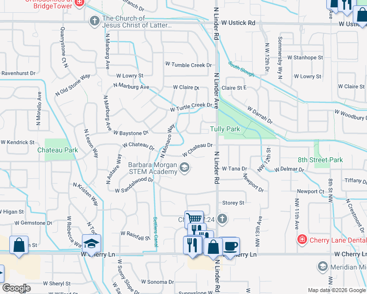 map of restaurants, bars, coffee shops, grocery stores, and more near 1821 Tracy Court in Meridian