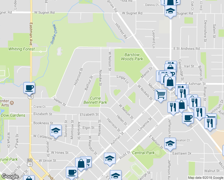 map of restaurants, bars, coffee shops, grocery stores, and more near 2008 West Nelson Street in Midland