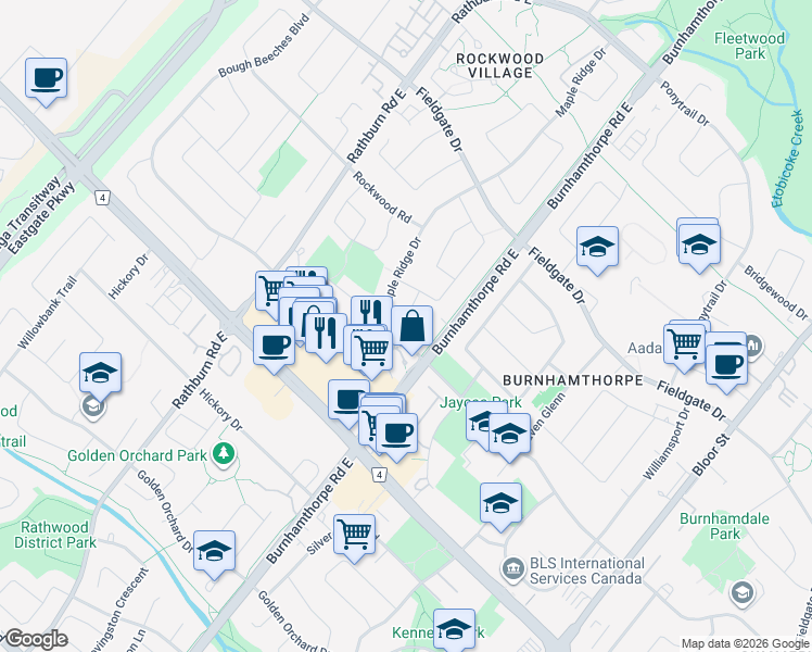 map of restaurants, bars, coffee shops, grocery stores, and more near 1130 Bough Beeches Boulevard in Mississauga