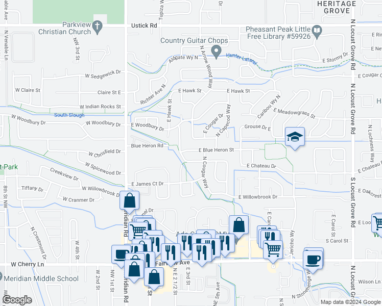 map of restaurants, bars, coffee shops, grocery stores, and more near 463 East Blue Heron Street in Meridian