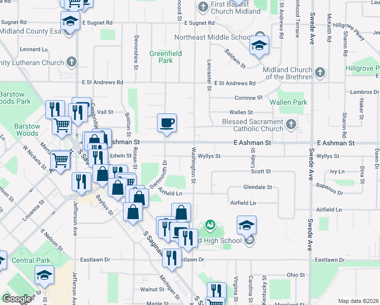 map of restaurants, bars, coffee shops, grocery stores, and more near 813 Wyllys Street in Midland