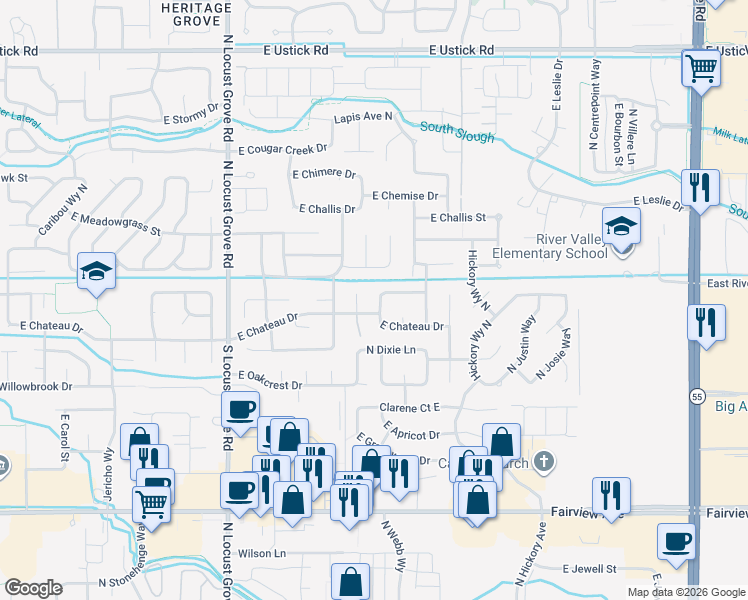 map of restaurants, bars, coffee shops, grocery stores, and more near 2122 East Katelyn Drive in Meridian