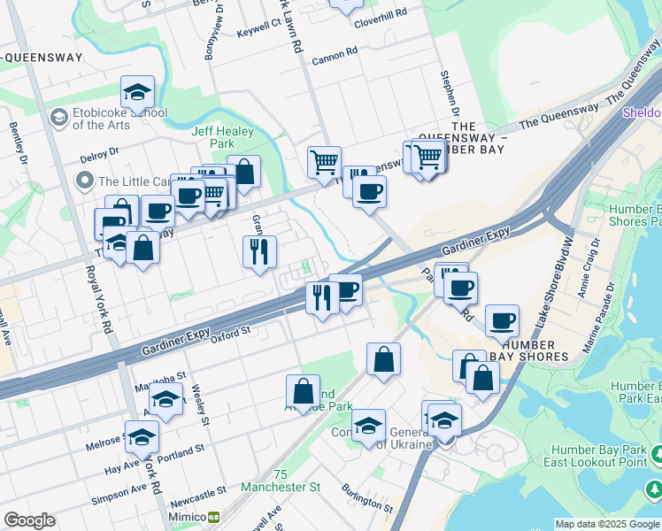 map of restaurants, bars, coffee shops, grocery stores, and more near 245 Dalesford Road in Toronto