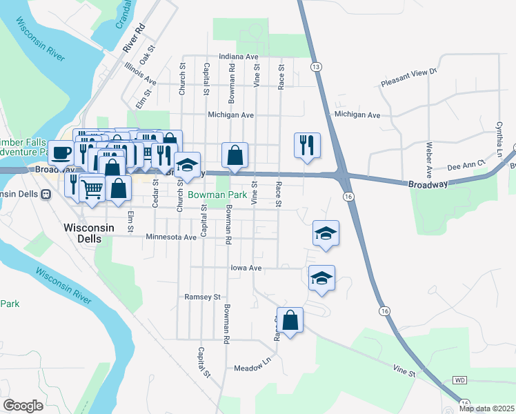 map of restaurants, bars, coffee shops, grocery stores, and more near 915 Washington Avenue in Wisconsin Dells