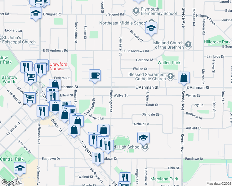 map of restaurants, bars, coffee shops, grocery stores, and more near 905 Wyllys Street in Midland