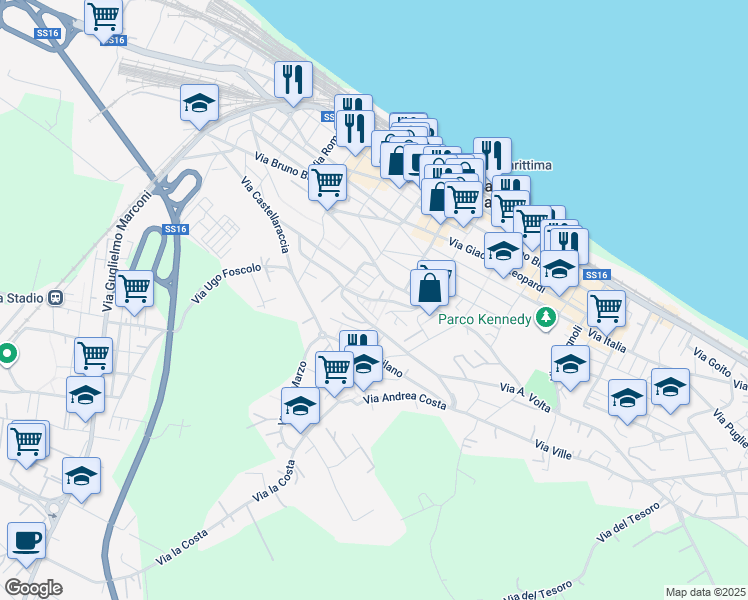 map of restaurants, bars, coffee shops, grocery stores, and more near 529 Via Giacomo Matteotti in Falconara Marittima
