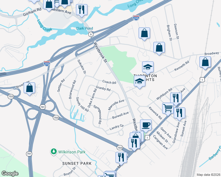map of restaurants, bars, coffee shops, grocery stores, and more near 51 Granby Road in South Portland