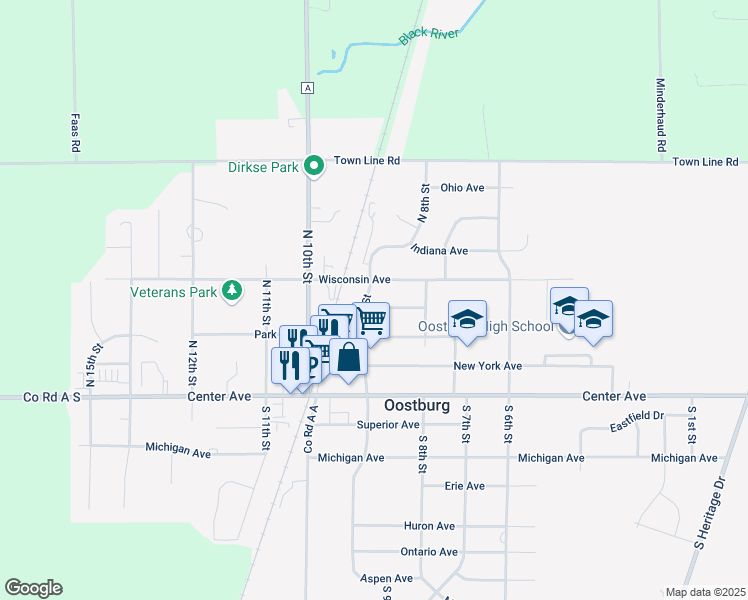 map of restaurants, bars, coffee shops, grocery stores, and more near 856 Illinois Ave in Oostburg