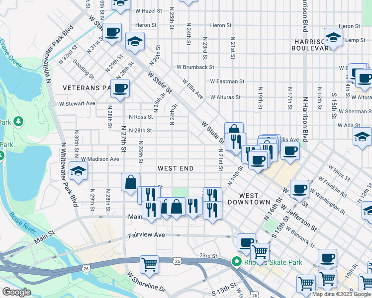 map of restaurants, bars, coffee shops, grocery stores, and more near 2301 West Pleasanton Avenue in Boise