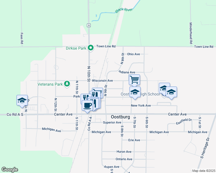 map of restaurants, bars, coffee shops, grocery stores, and more near 856 Illinois Avenue in Oostburg