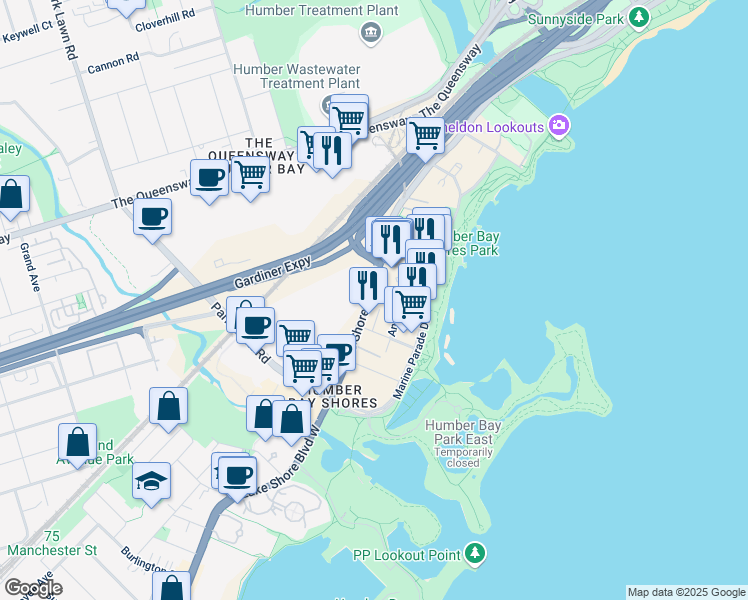 map of restaurants, bars, coffee shops, grocery stores, and more near 2147 Lake Shore Boulevard West in Toronto