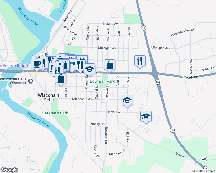 map of restaurants, bars, coffee shops, grocery stores, and more near 807 Washington Avenue in Wisconsin Dells