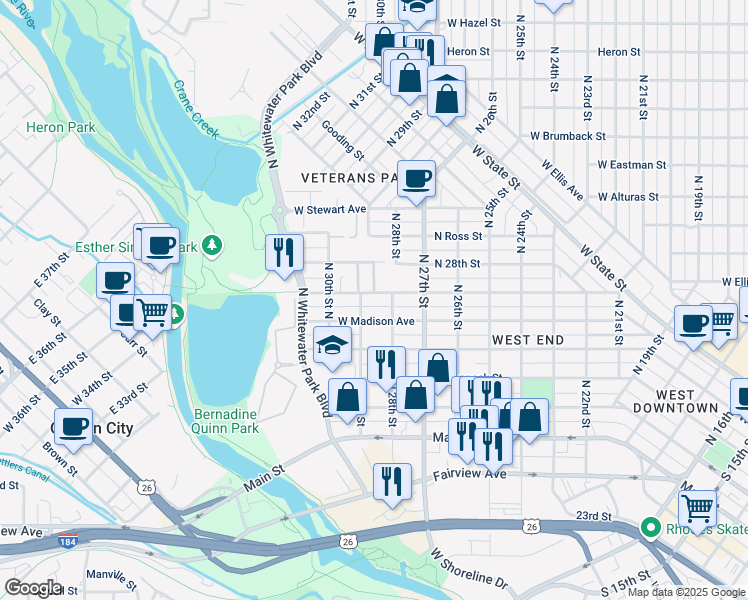 map of restaurants, bars, coffee shops, grocery stores, and more near 2815 West Pleasanton Avenue in Boise